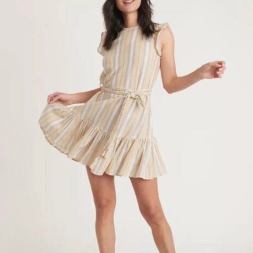 NWT Marine Layer | Women’s Tan/Multi Striped Cap Sleeve Linen Blend Mini Dress S